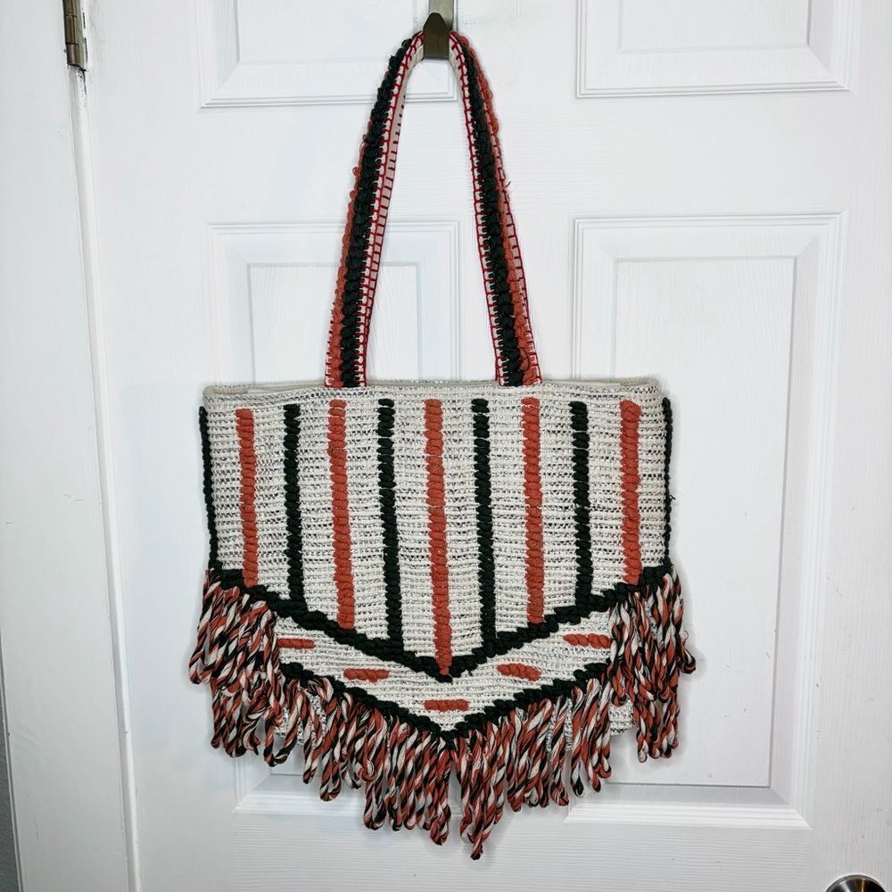 Lilla P Cotton Lurex Coral Cream Silver Metallic Stripe Crochet Beach Tote Bag L - Picture 3 of 13